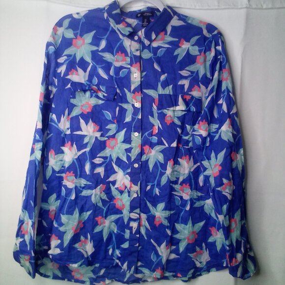 Gap Factory Blouse Women L Long Sleeve Button Up Floral Print Blue Coral - Picture 1 of 16